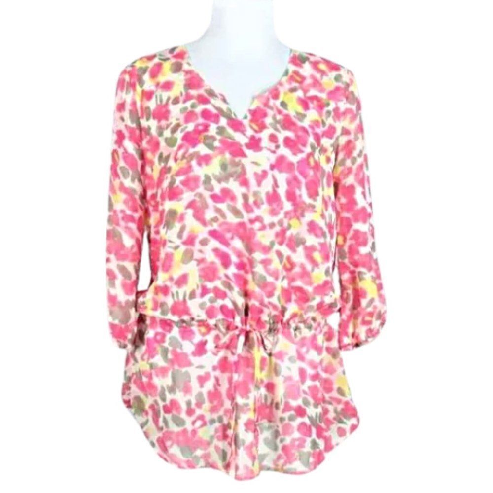 Top Pullover V-Neck 3/4 Sleeve Cinch Tie Waist Shirt Tail Hem Pink Women's Small